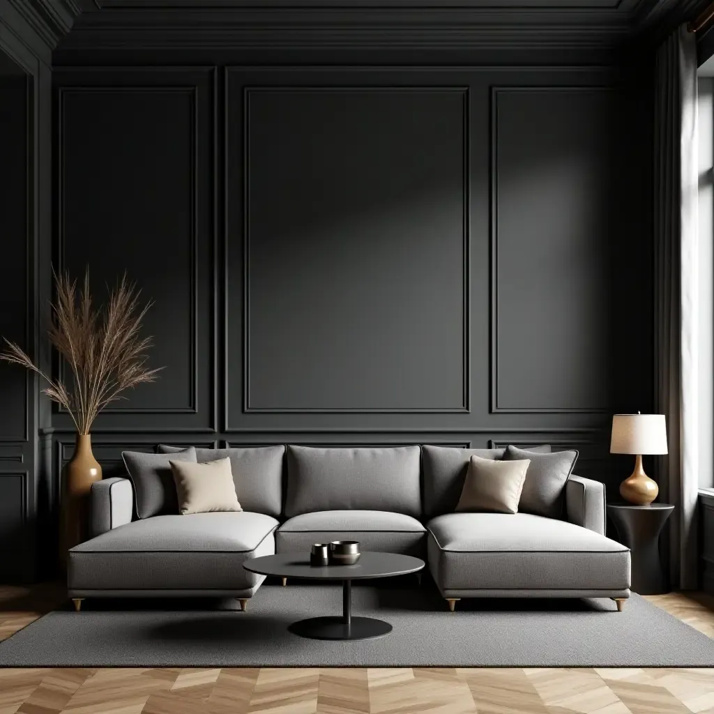 a photo of a sophisticated dark grey living room with a large sectional sofa and art deco touches