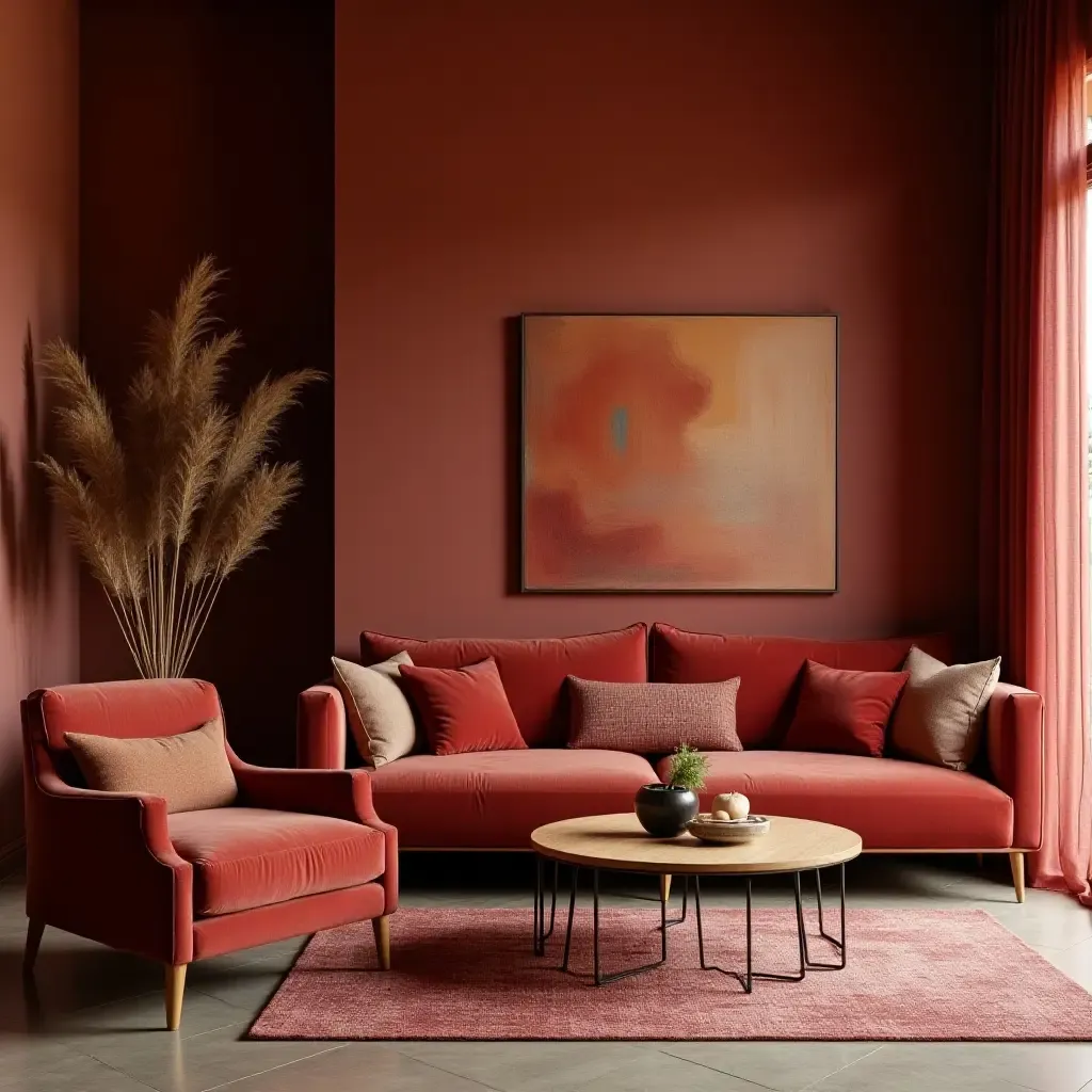 a photo of a bohemian living room featuring deep red and earthy tones