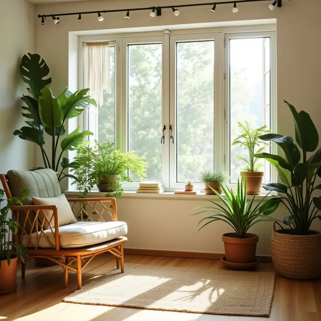 a photo of a sun-drenched space with indoor plants and natural fibers