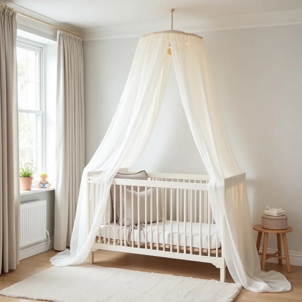 a photo of a contemporary nursery showcasing a sheer canopy over a crib