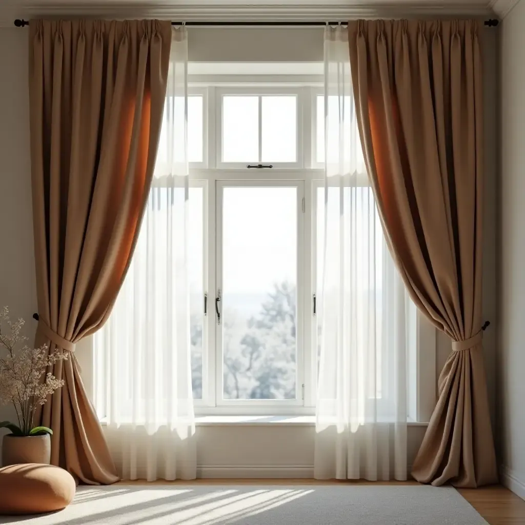 a photo of elegant curtains draping a large bedroom window