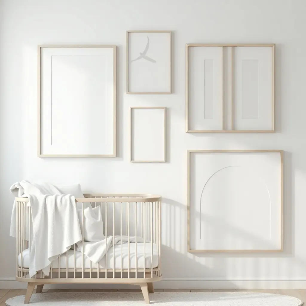 a photo of a nursery with metallic silver picture frames on the wall