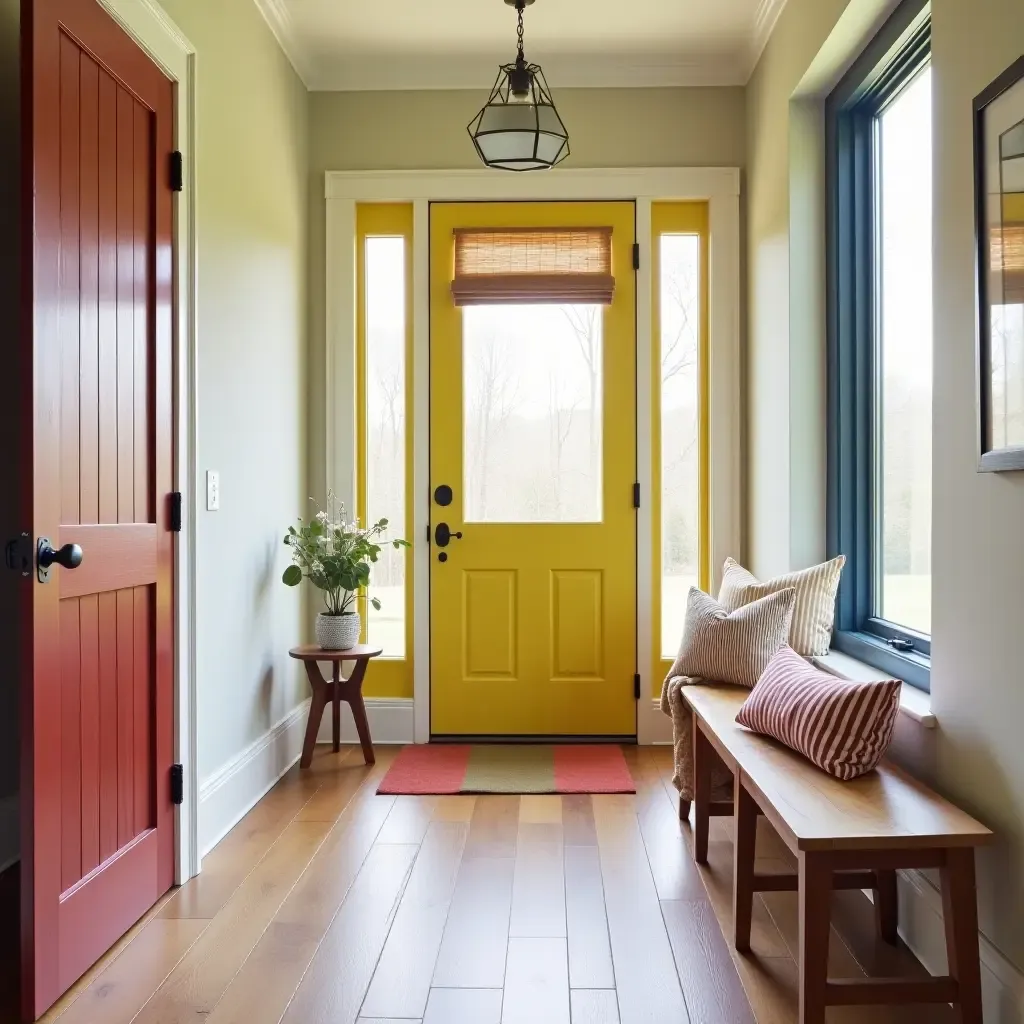 a photo of a colorful entrance hall with striped throw pillows on a bench