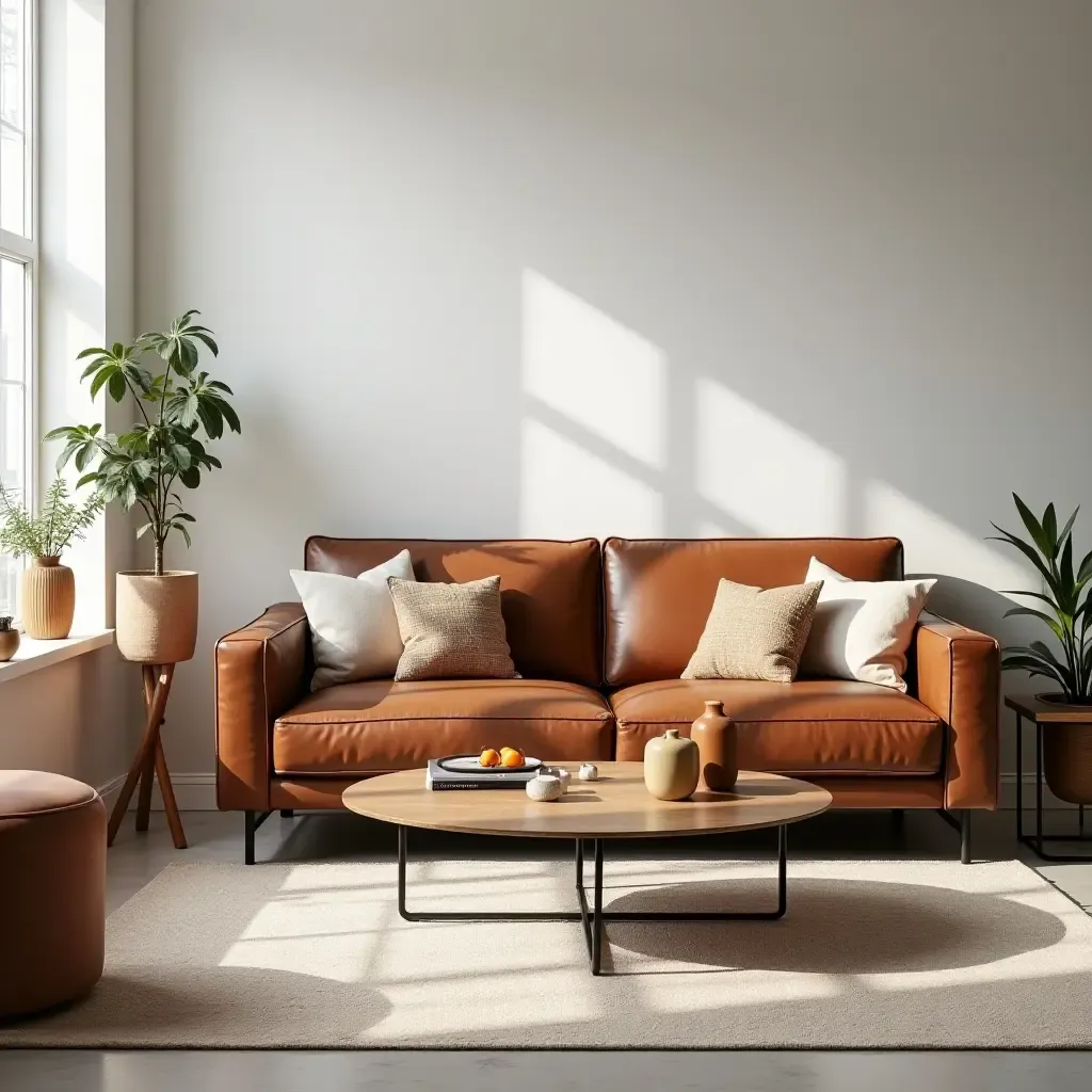 a photo of a bright living room combining leather sofa, velvet accessories, and wood accents