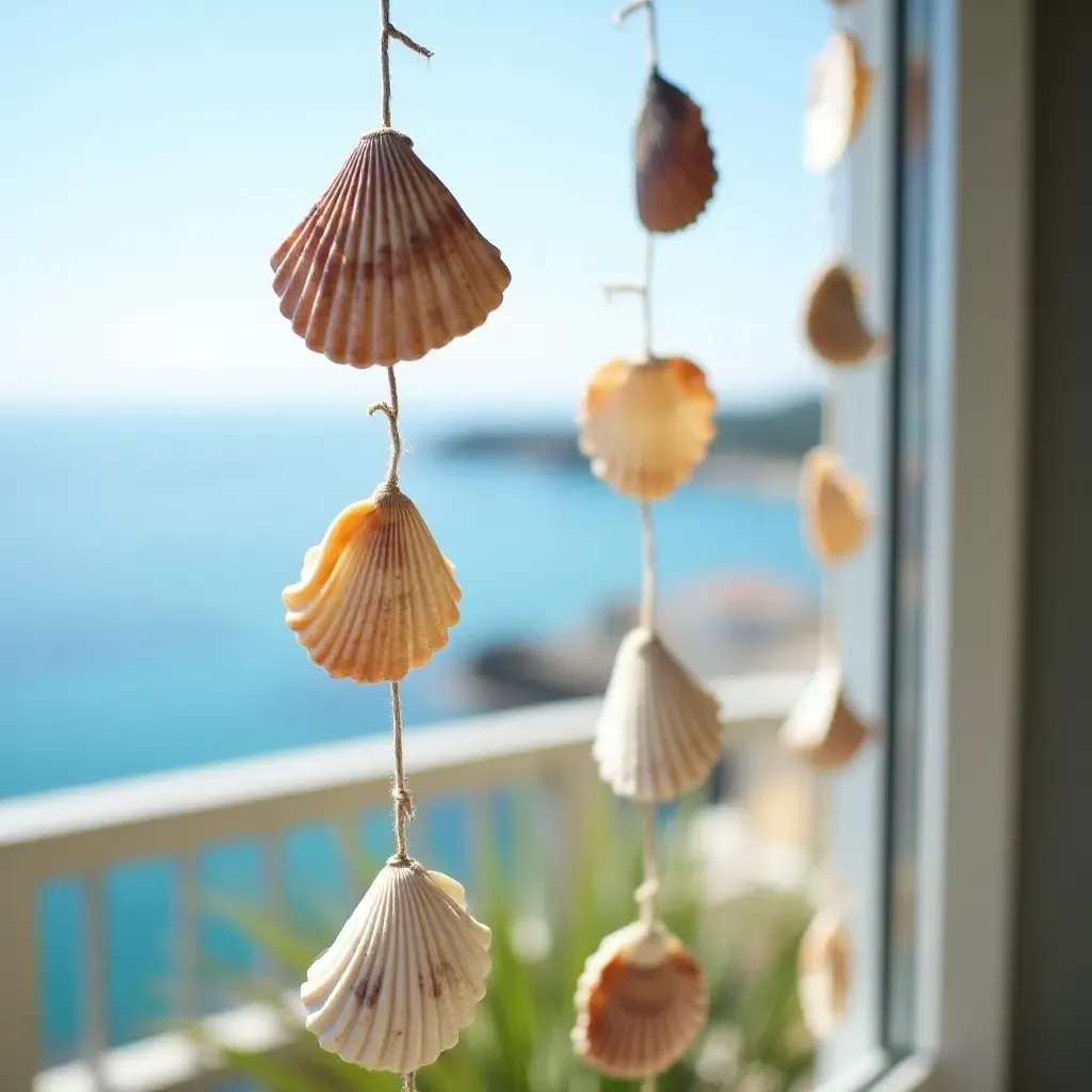 a photo of a balcony decorated with homemade wind chimes from seashells