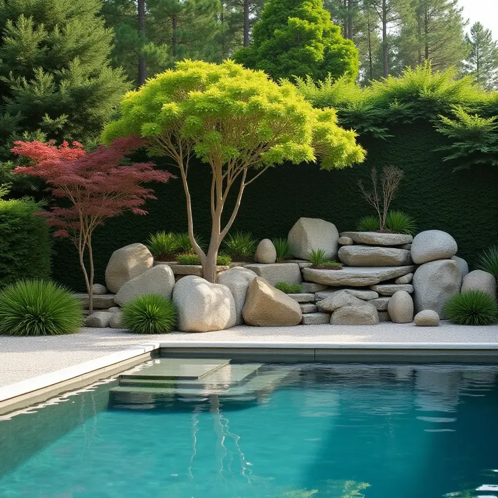 a photo of a zen-inspired rock garden wall by the pool