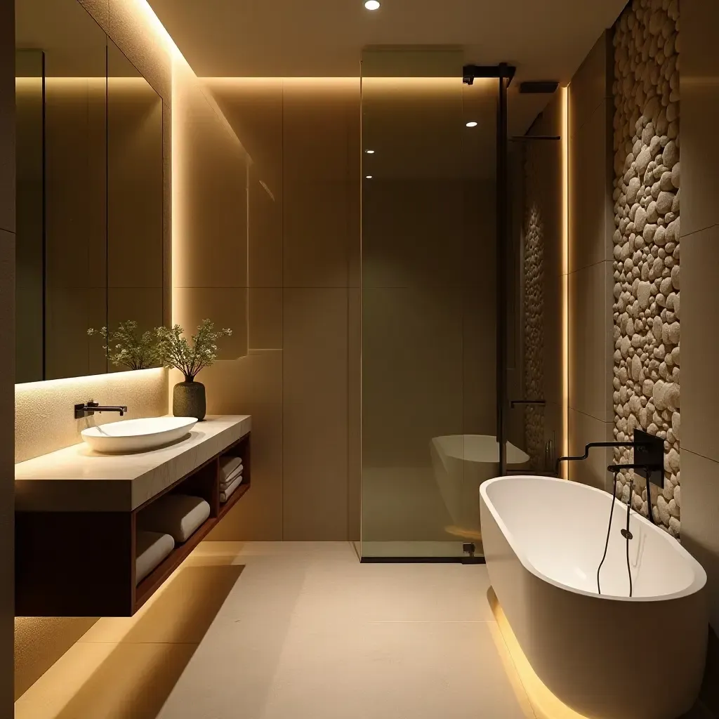 a photo of a zen-inspired bathroom with stone accents and tranquil lighting