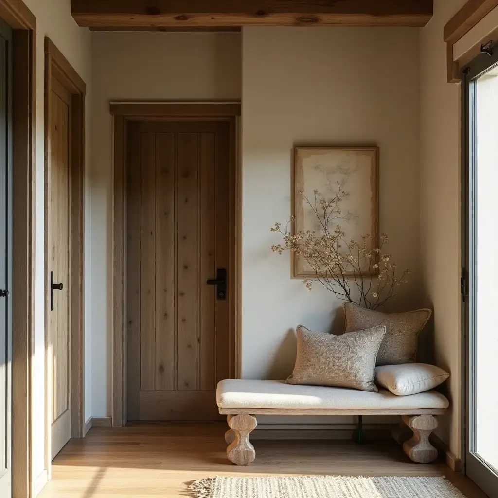 a photo of a rustic entrance hall featuring a cozy bench and natural elements