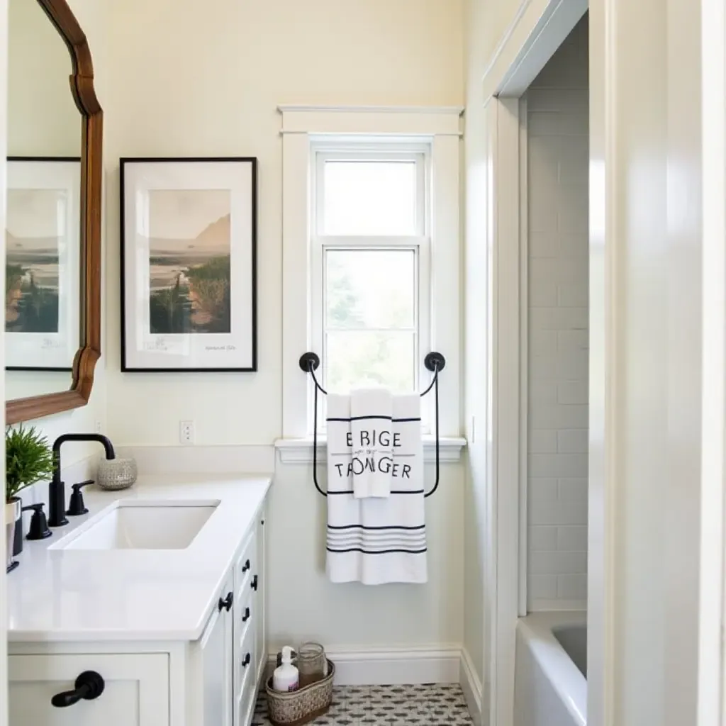 a photo of a small bathroom decorated with art prints and stylish towels