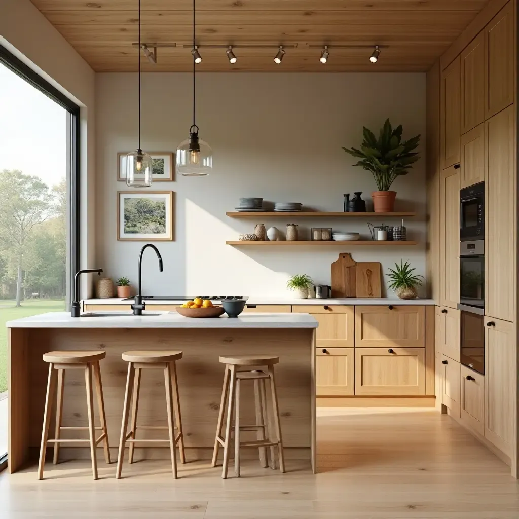 a photo of a kitchen with wooden accents and colorful decor