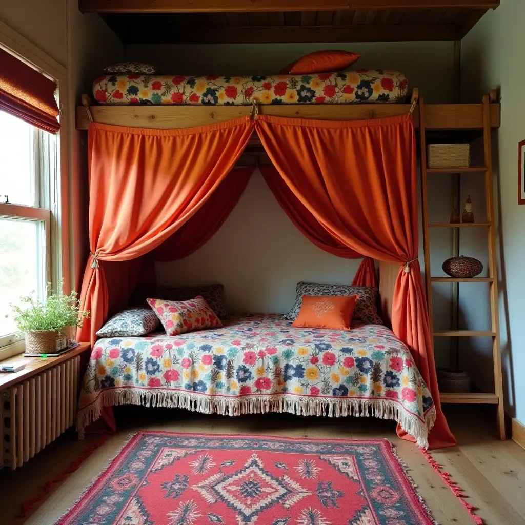 a photo of a loft bed with a colorful bohemian textile theme