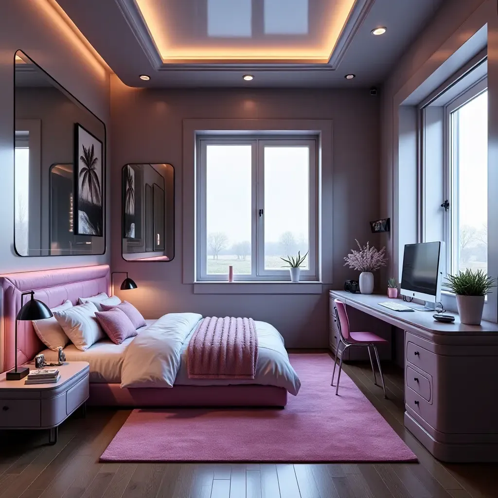 a photo of a futuristic teen bedroom with metallic furniture and accessories