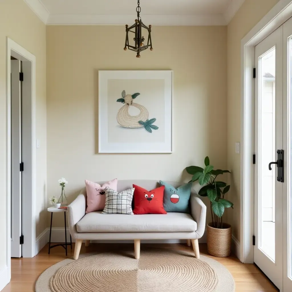 a photo of a whimsical entrance hall with cartoon-themed throw pillows on a small sofa