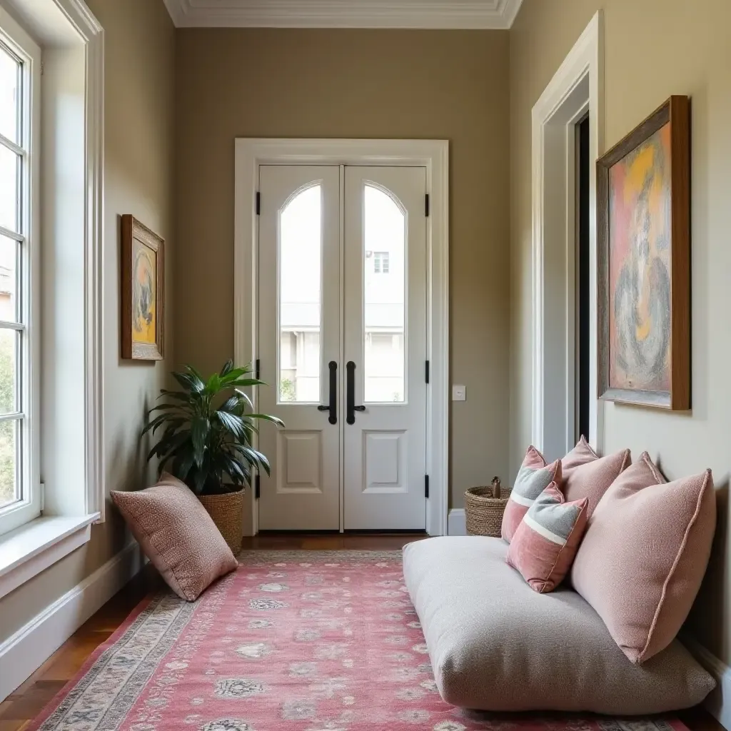 a photo of a bohemian entrance hall with eclectic throw pillows on a floor cushion