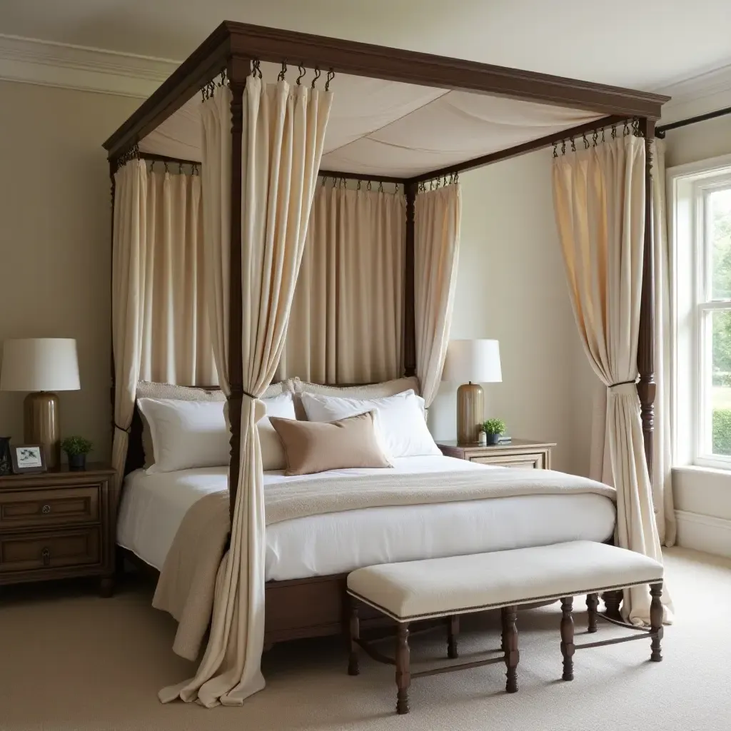 a photo of a dreamy bedroom with a four-poster bed and soft fabrics