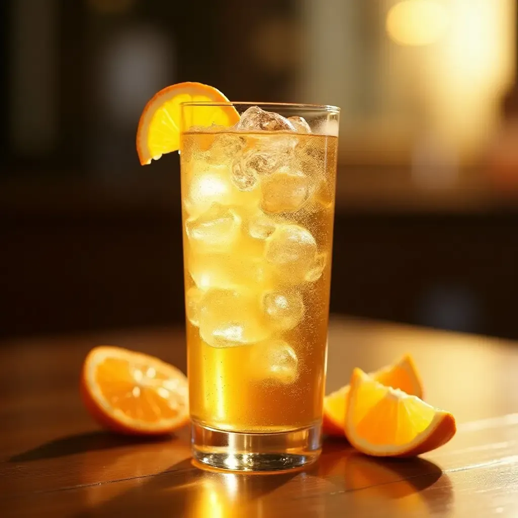 a photo of a sparkling glass of Brisa, a Portuguese fizzy drink, with citrus slices on the side.