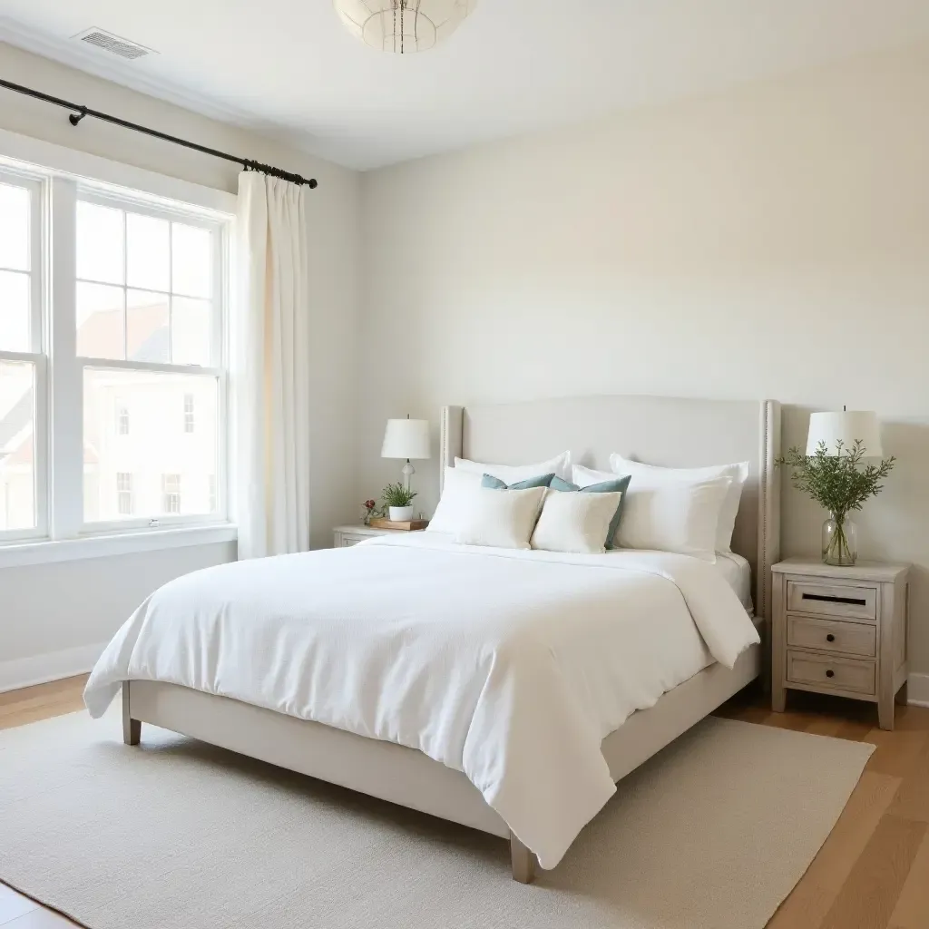 a photo of a serene bedroom with a calming palette and farmhouse-inspired elements