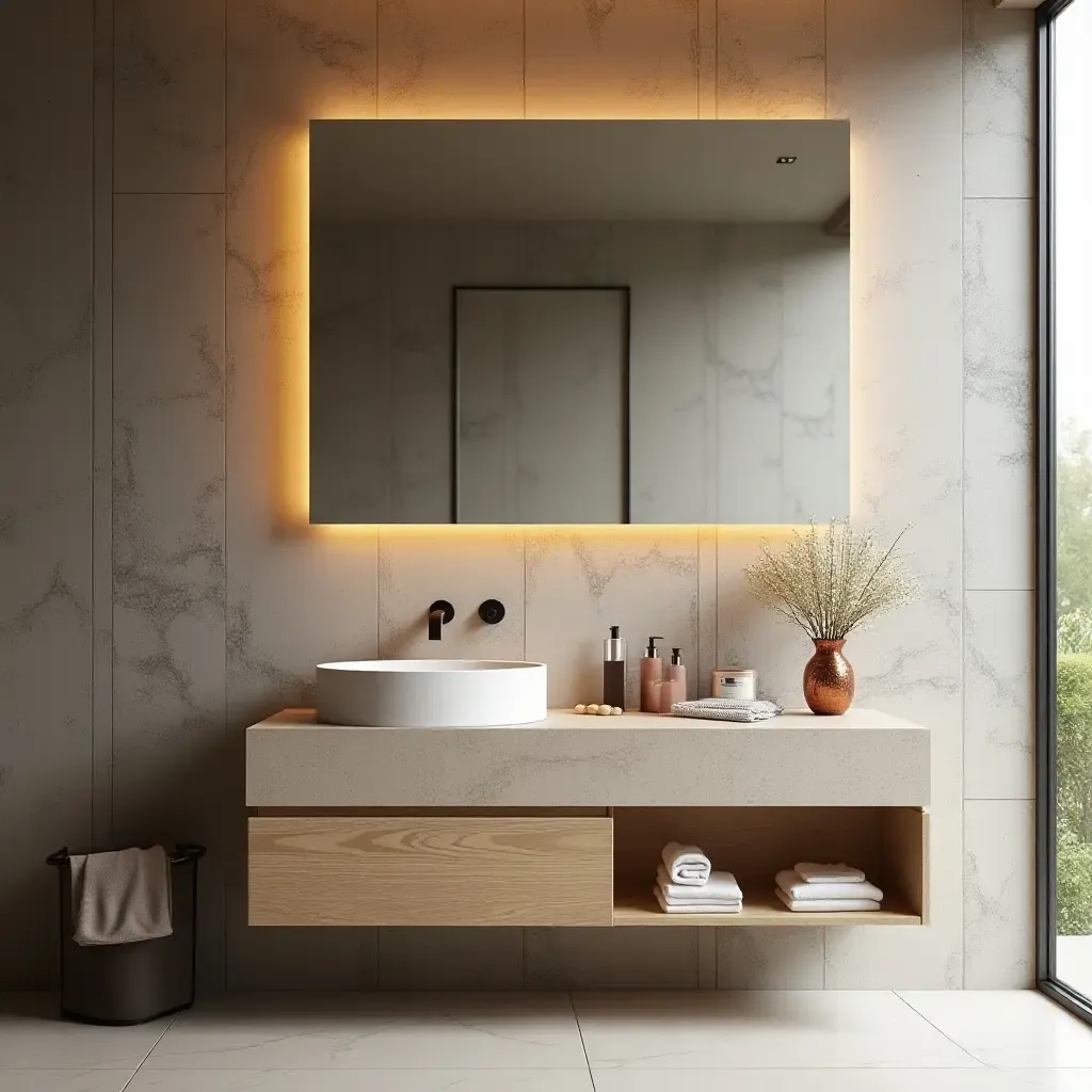 a photo of a bathroom vanity with a creative mix of textures and colors