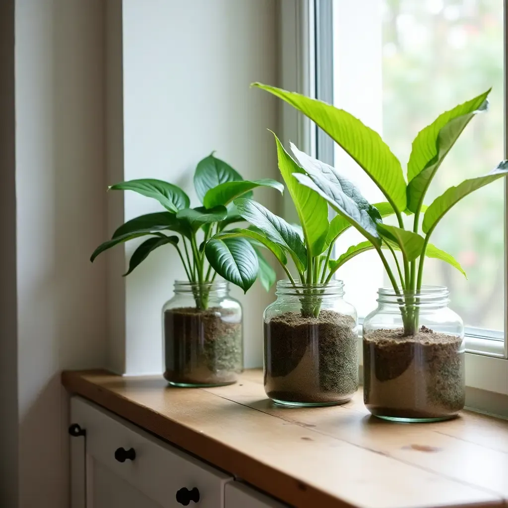 a photo of a kitchen with plants in repurposed glass containers