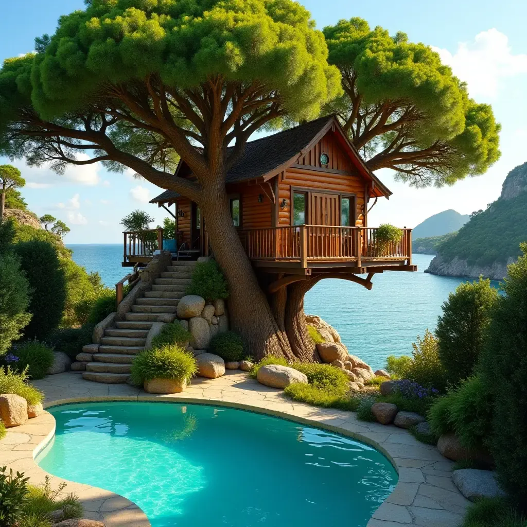 a photo of a whimsical treehouse overlooking a sparkling pool