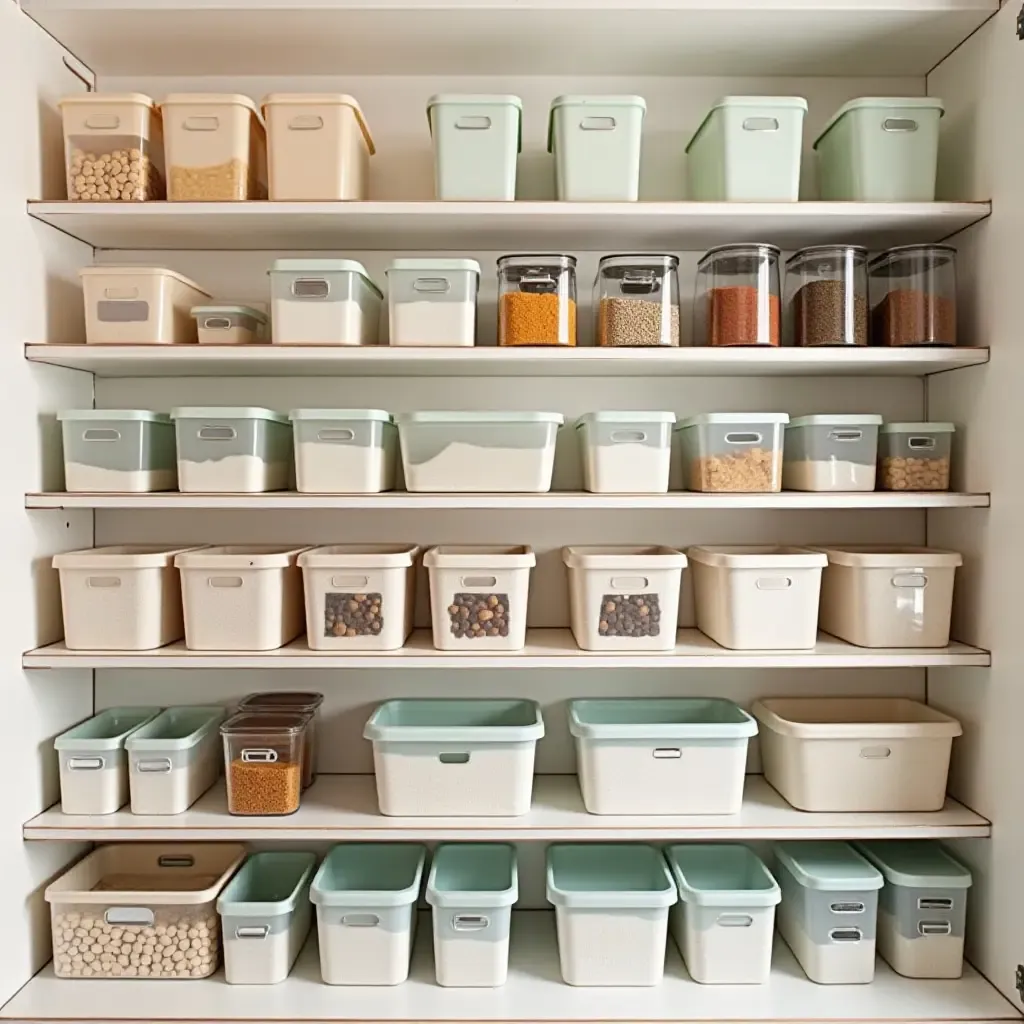 a photo of a pantry organized by category with colorful bins and dividers