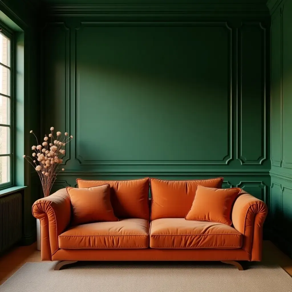 a photo of a living room with dark green walls and burnt orange accents