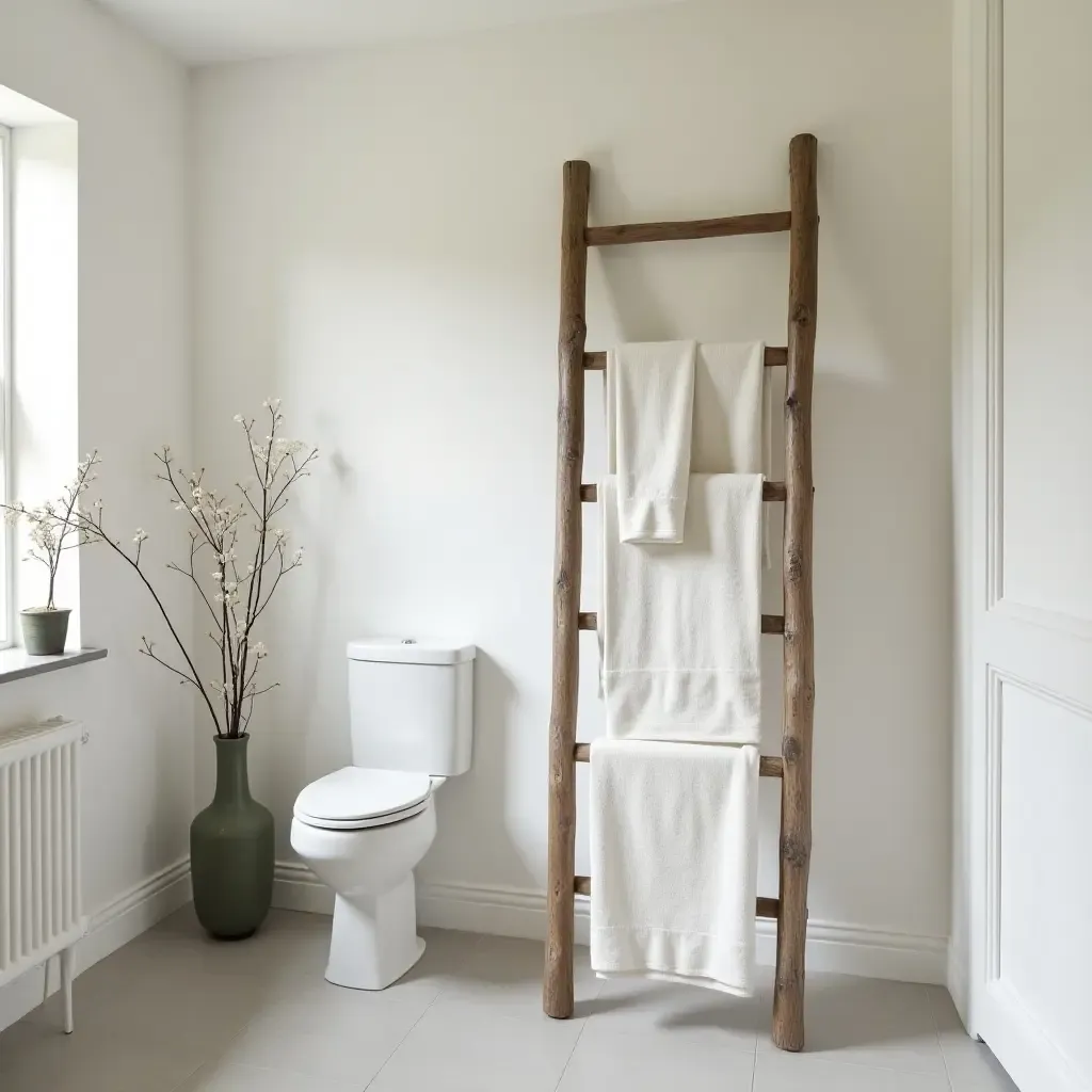 a photo of a bathroom with a rustic wooden ladder for towels