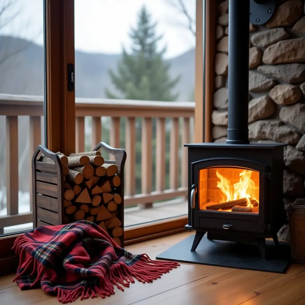 a photo of a cozy balcony with a firewood holder and plaid throws