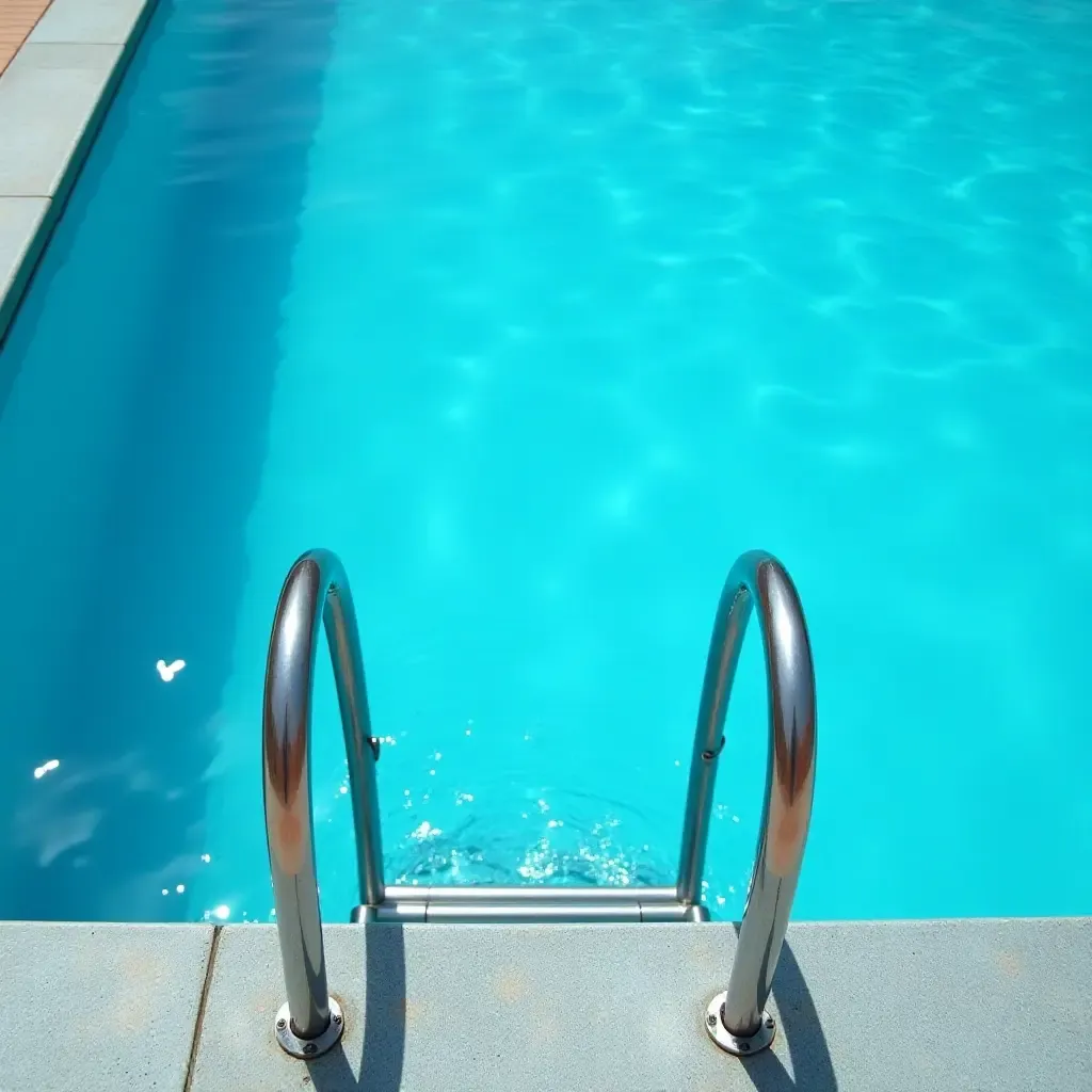 a photo of a metal ladder leading into a sparkling pool