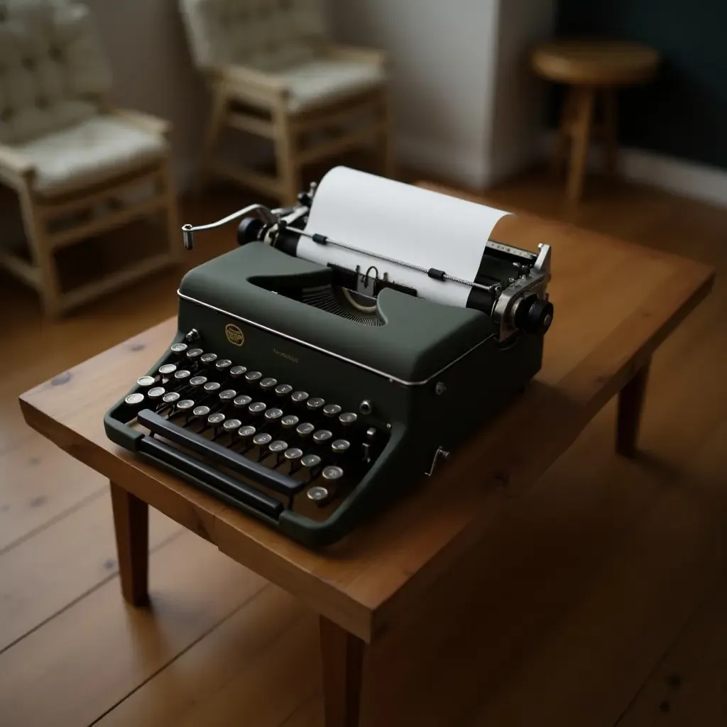 a photo of a classic typewriter on a wooden coffee table