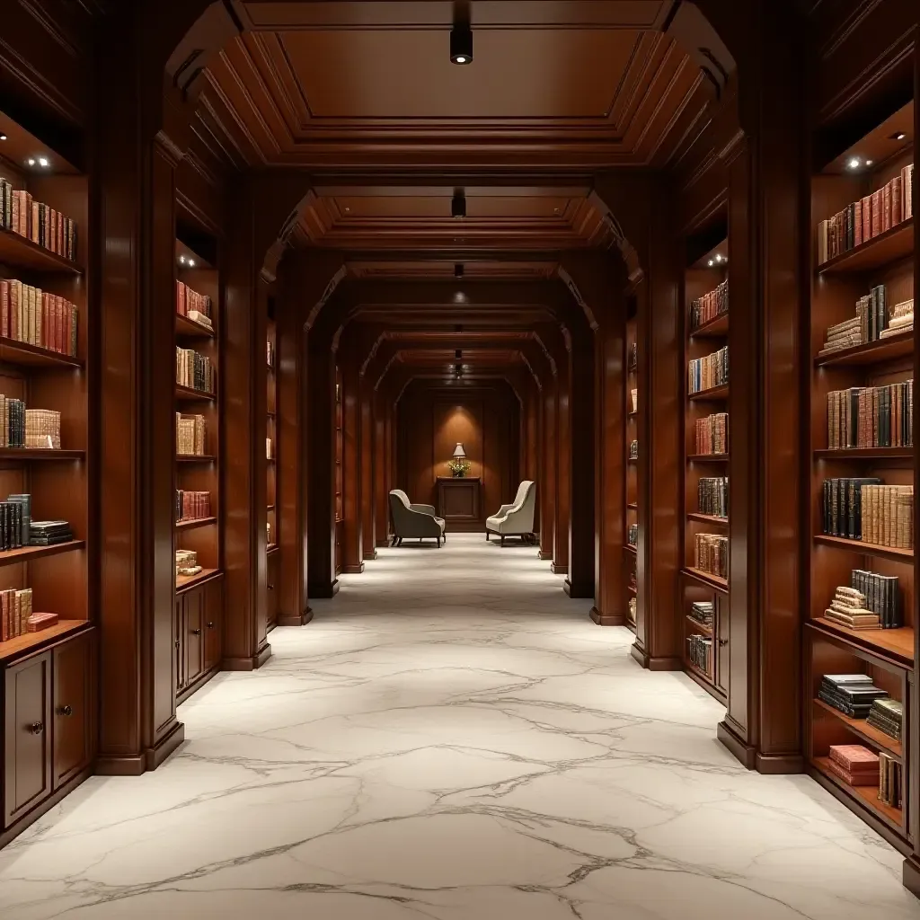 a photo of a luxurious library with marble flooring and rich wood shelves