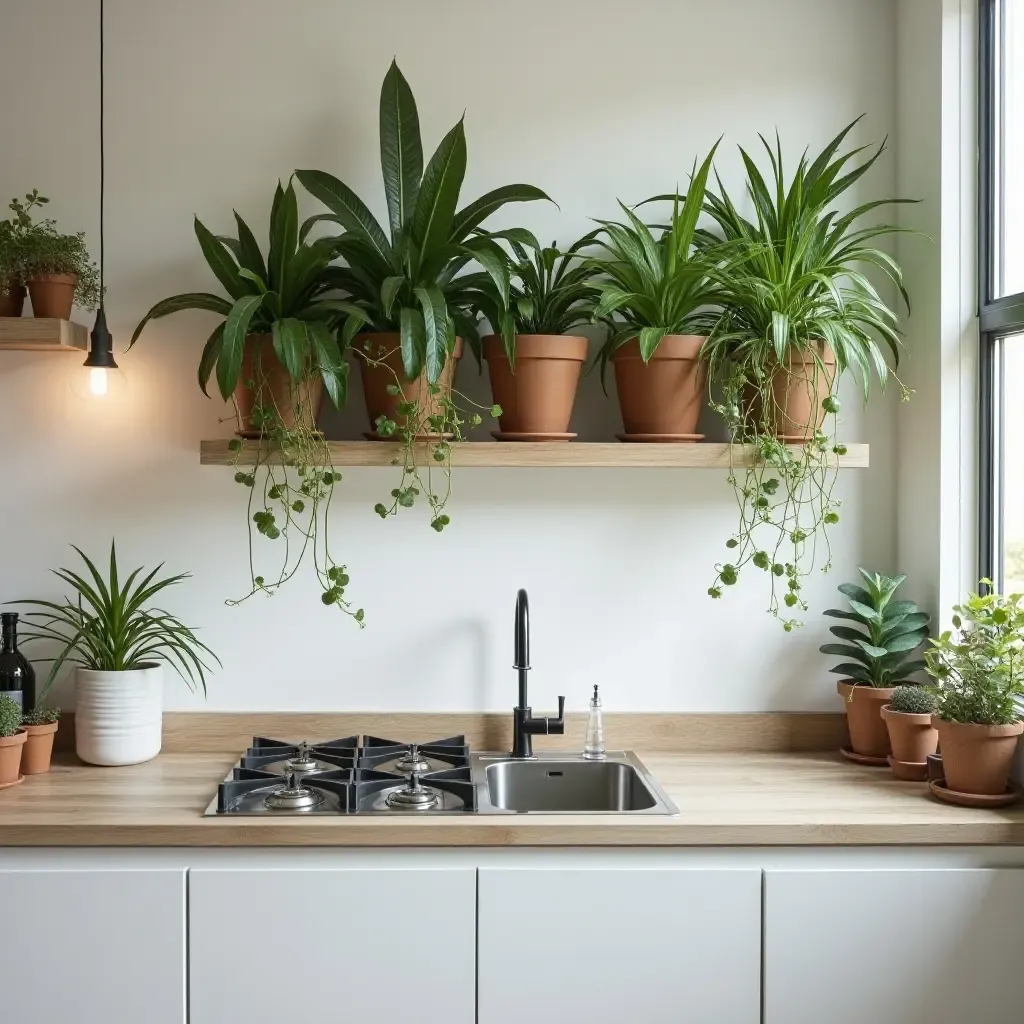 a photo of a kitchen with an artistic plant display on the wall