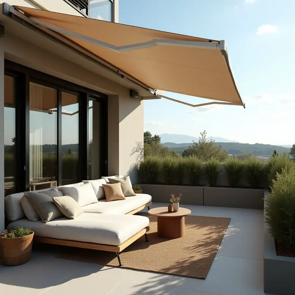 a photo of a stylish balcony with a retractable awning and plush seating