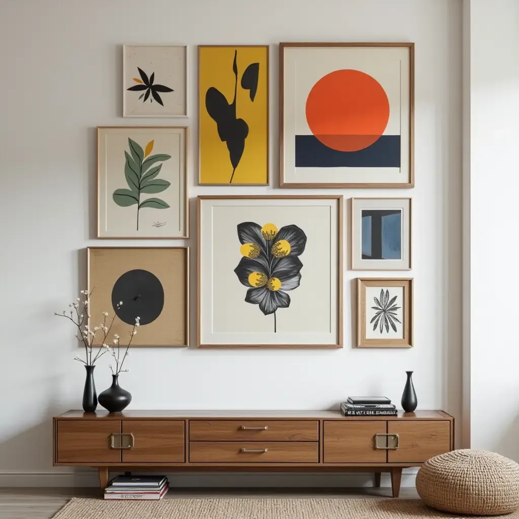 a photo of a wall featuring a mix of modern and vintage art