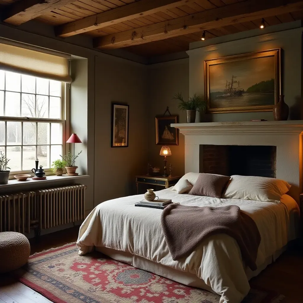 a photo of a cozy bedroom with a fireplace and vintage decor