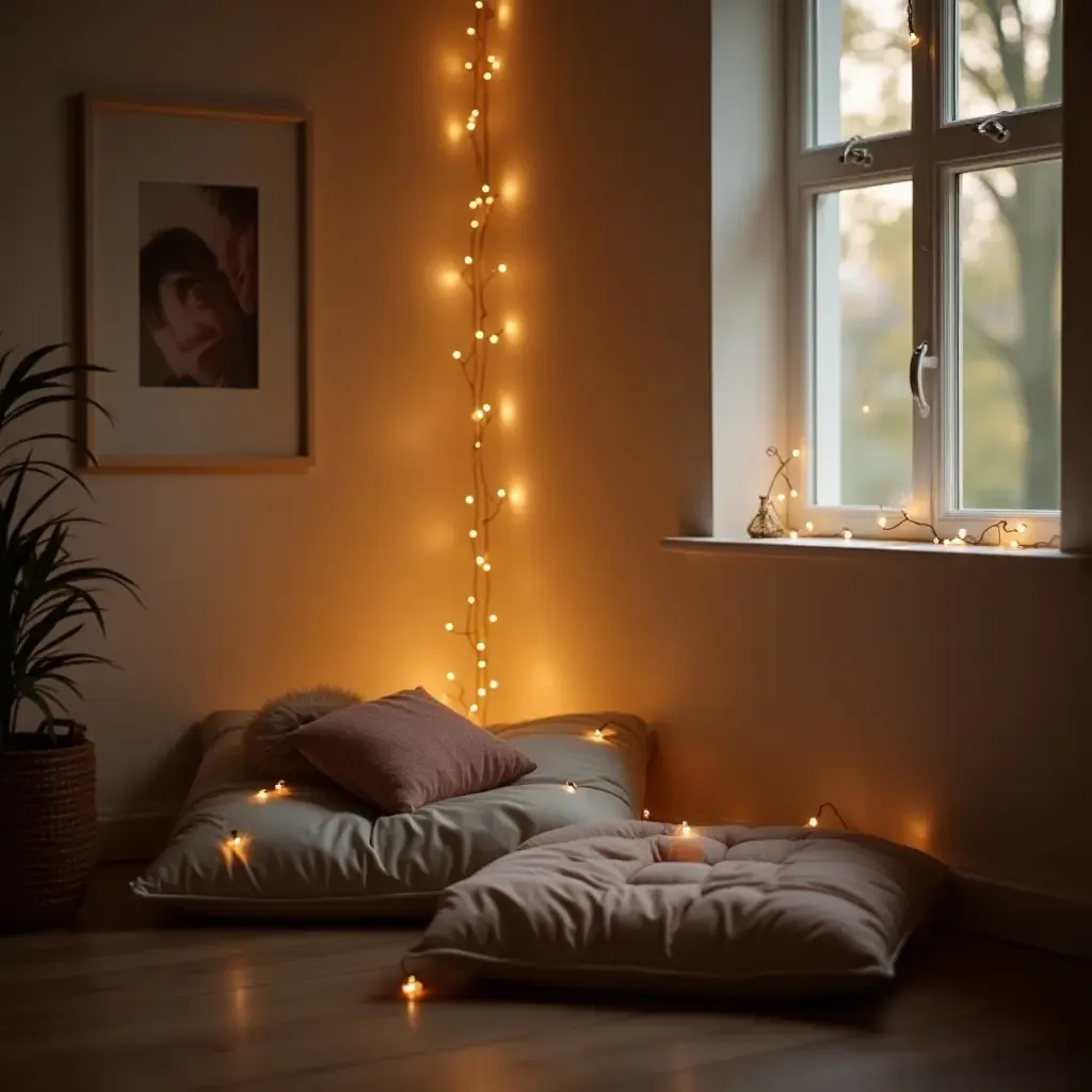 a photo of a cozy bedroom corner with a floor cushion and fairy lights