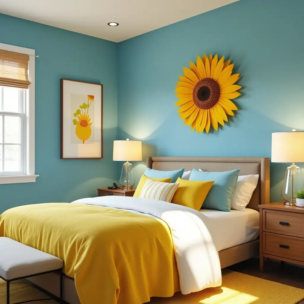 a photo of a cheerful sunflower yellow and sky blue bedroom with bright accents