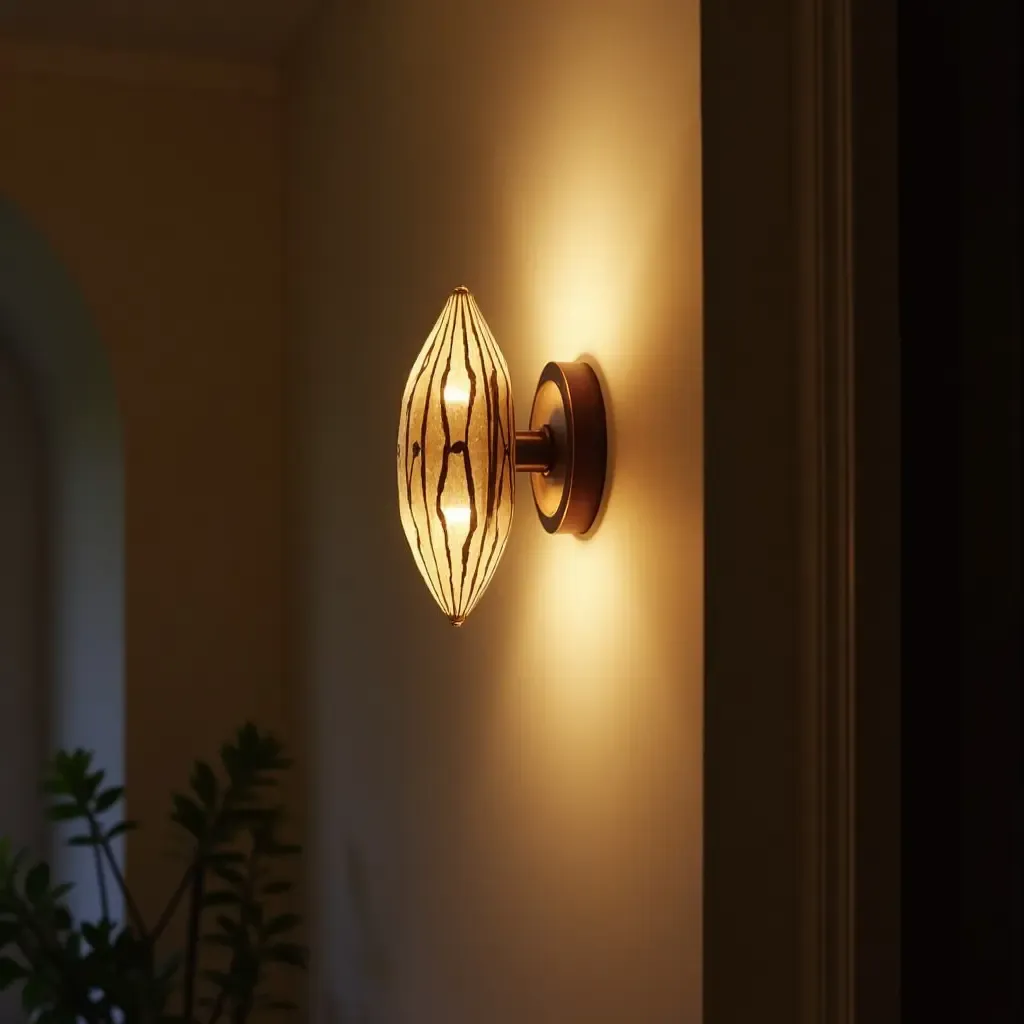 a photo of a decorative wall sconce illuminating the entrance