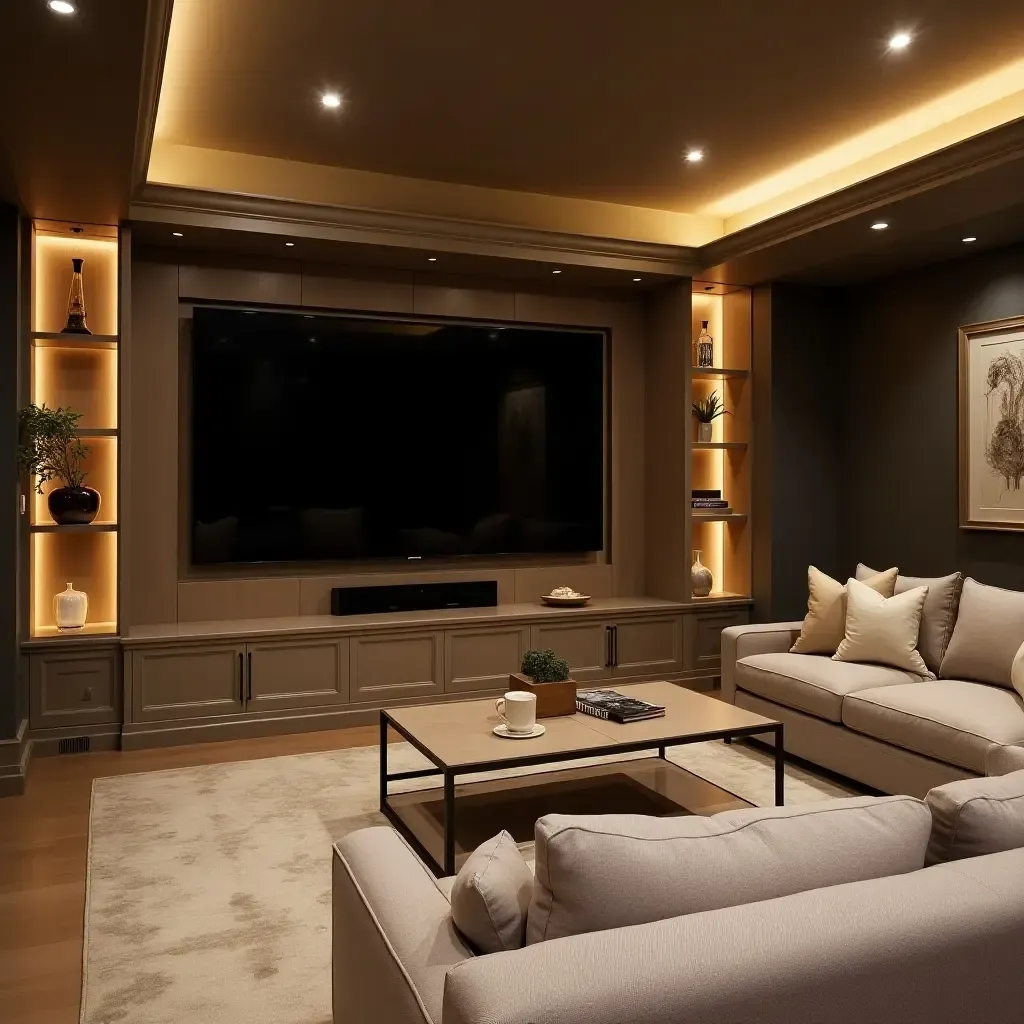 a photo of a basement entertainment area with metallic accents