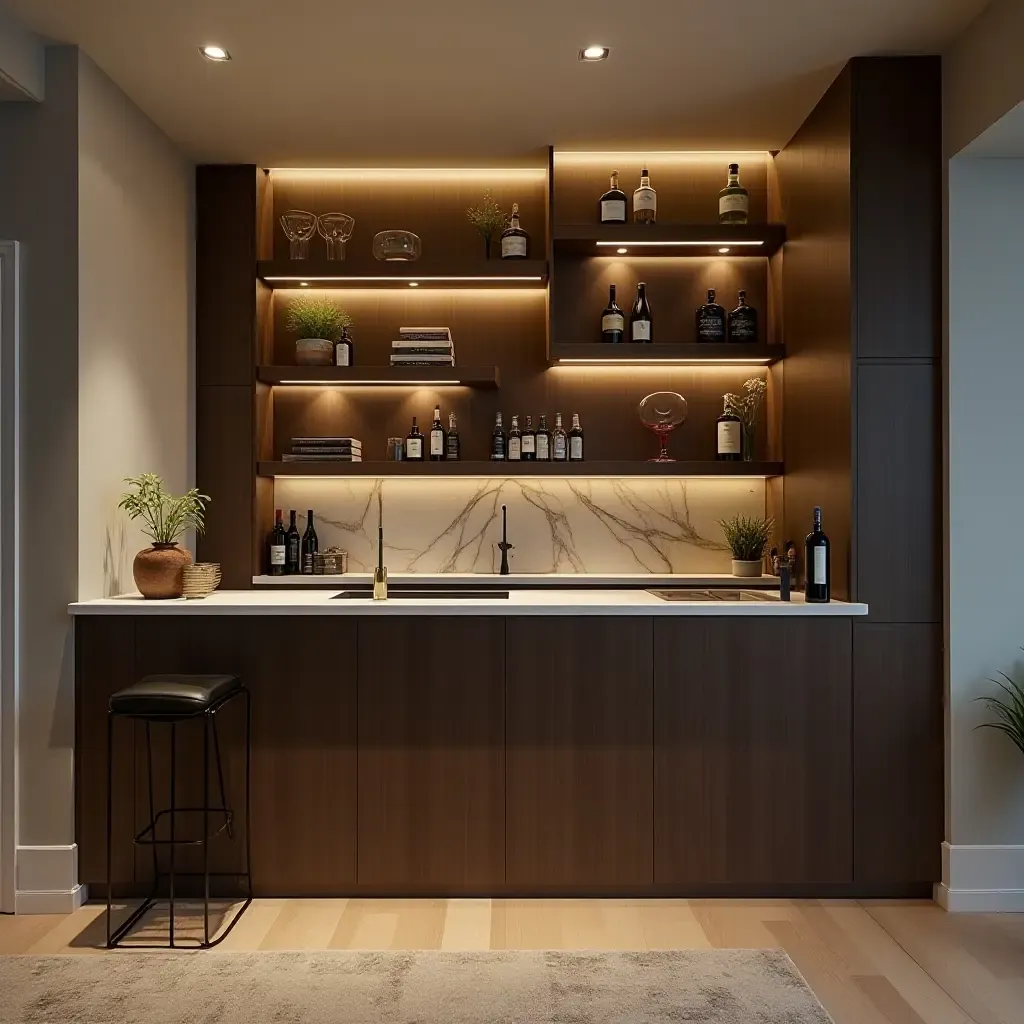 a photo of a sleek basement bar with a floating shelf and modern accessories