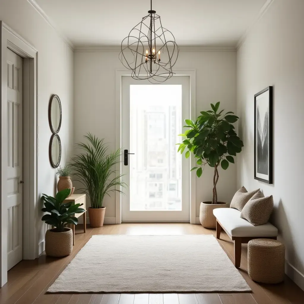 a photo of a chic entrance hall with a stylish rug and potted plants