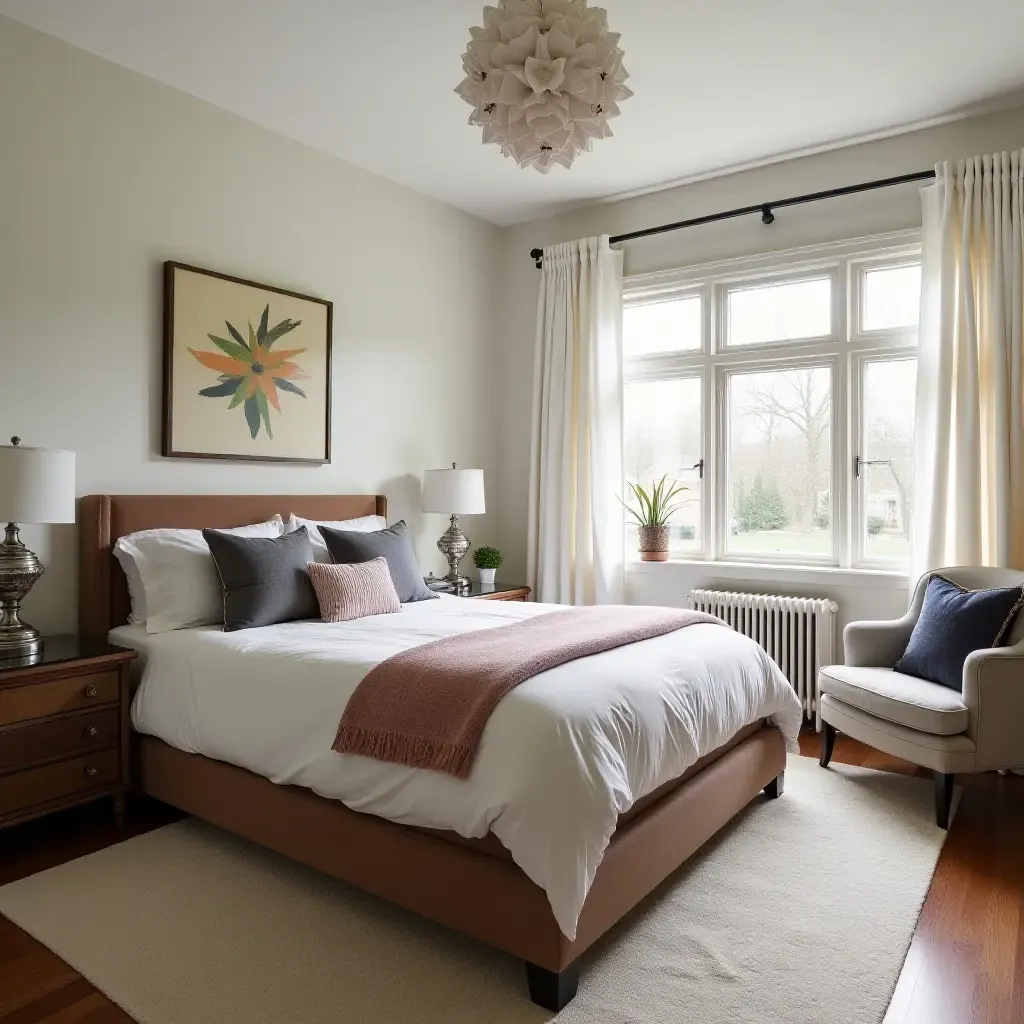 a photo of an inviting bedroom with a mix of vintage and modern furniture