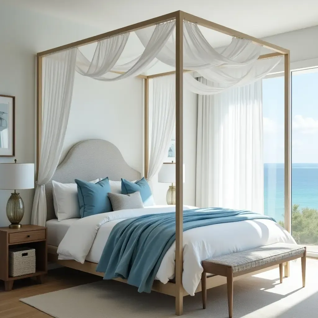 a photo of a coastal-inspired canopy bed with light blue fabrics