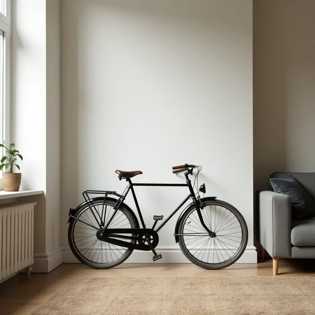 a photo of a vintage bicycle leaning against a wall in the living room