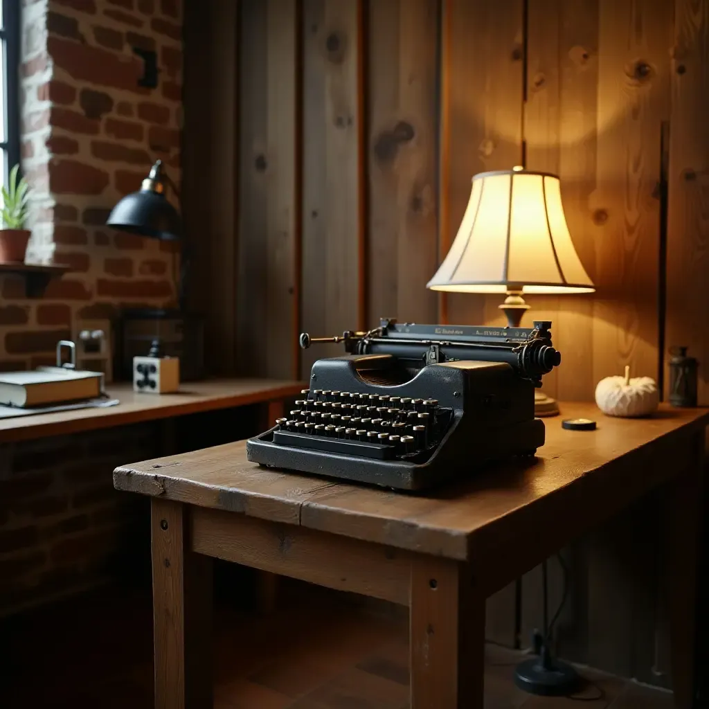 a photo of a vintage typewriter on a rustic desk in the basement