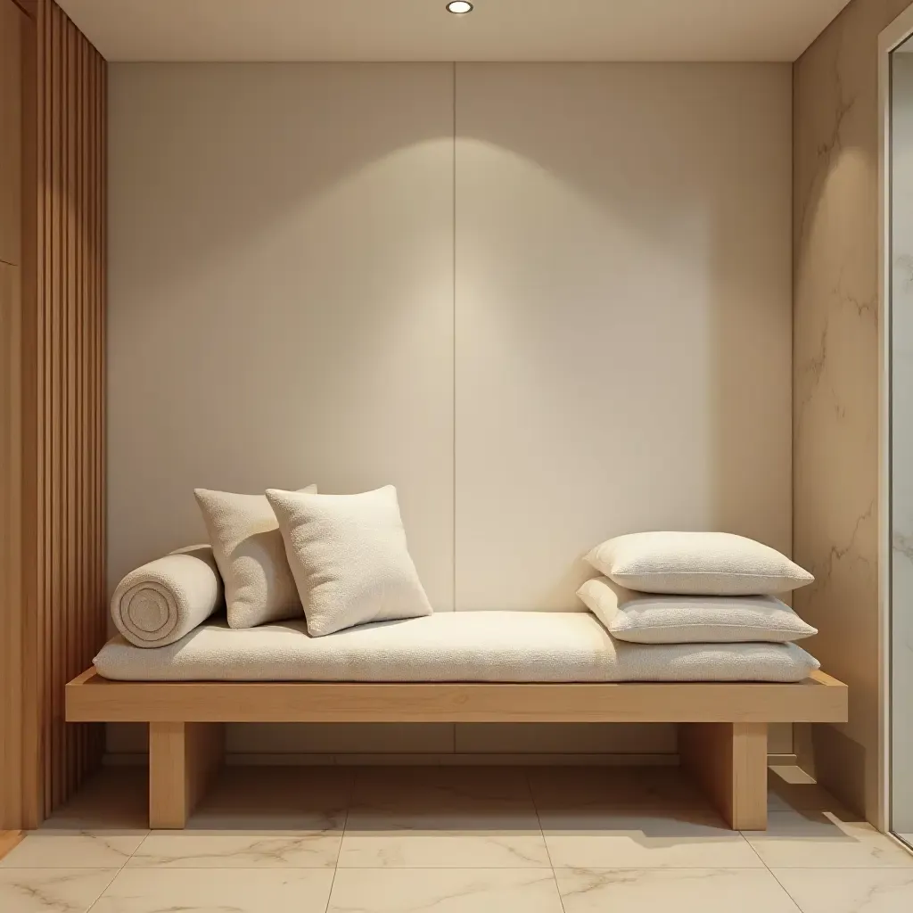 a photo of a wooden bench with plush cushions in a spa-inspired bathroom