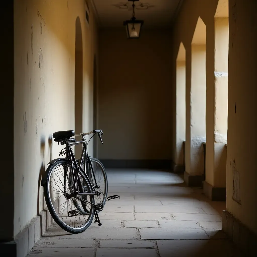 a photo of a vintage bicycle leaning against a wall in a cozy corridor