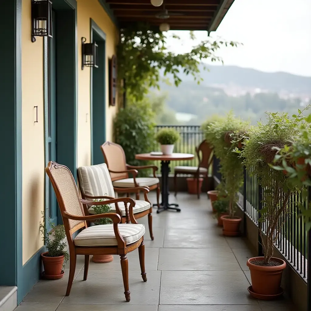 a photo of a balcony with mismatched vintage chairs and a small table