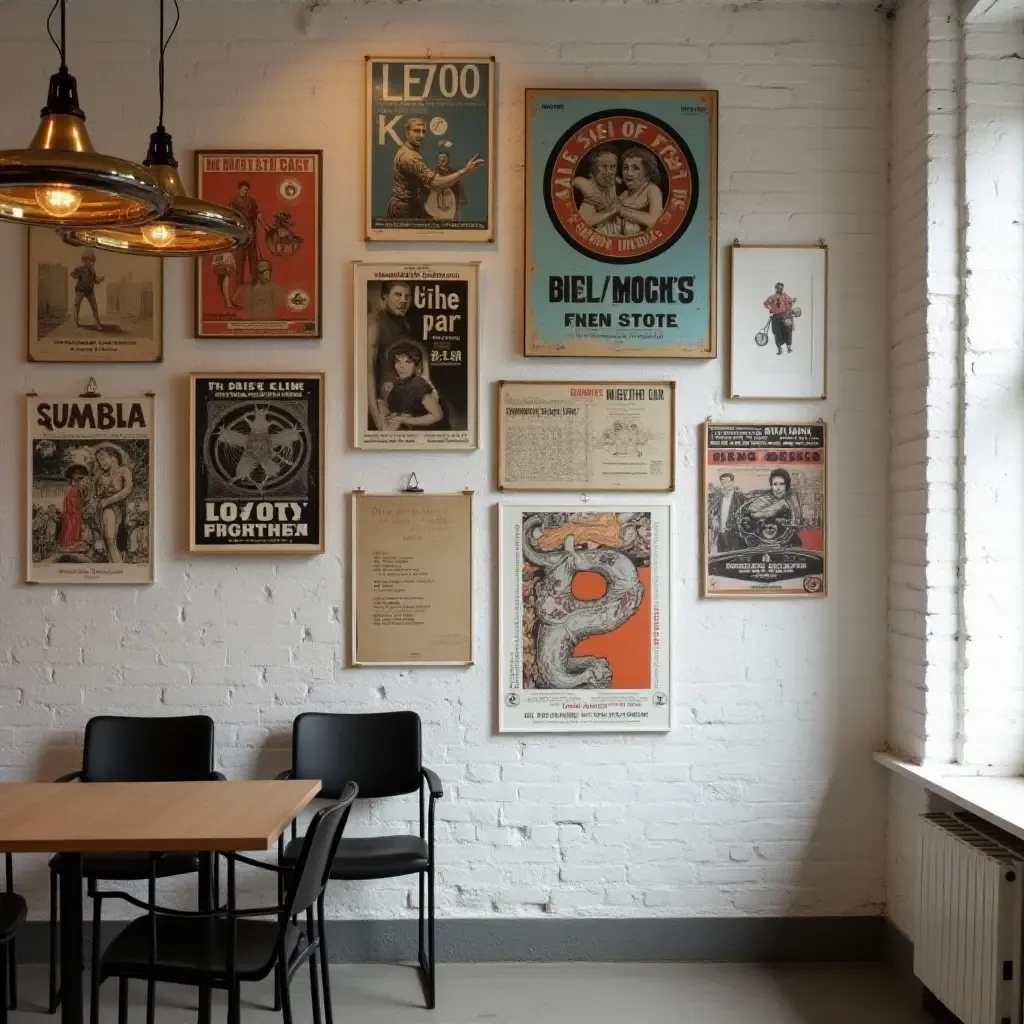 a photo of a wall adorned with industrial art and posters