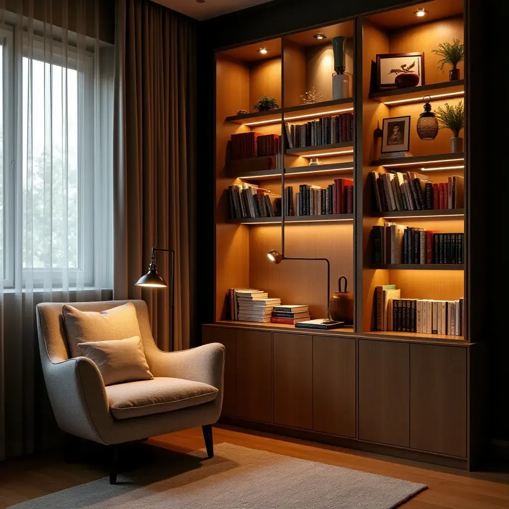 a photo of a well-lit reading nook with a comfy armchair and bookshelf